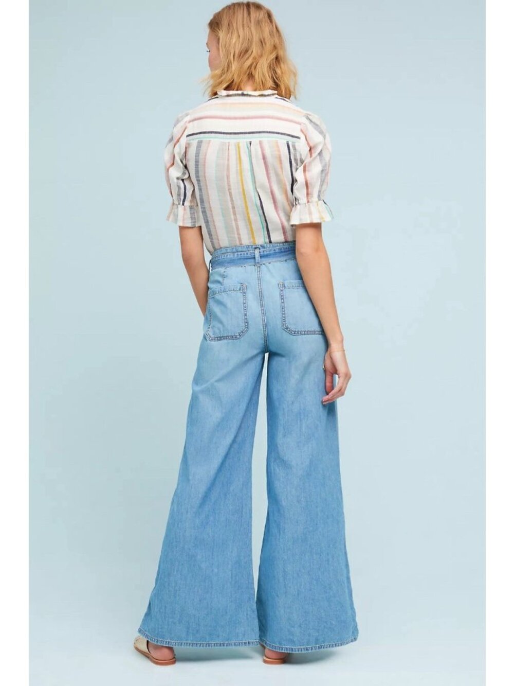 Anthropologie Wide Leg Denim Pants Women’s 32 NWT Belted Button Hem Blue - Picture 2 of 16